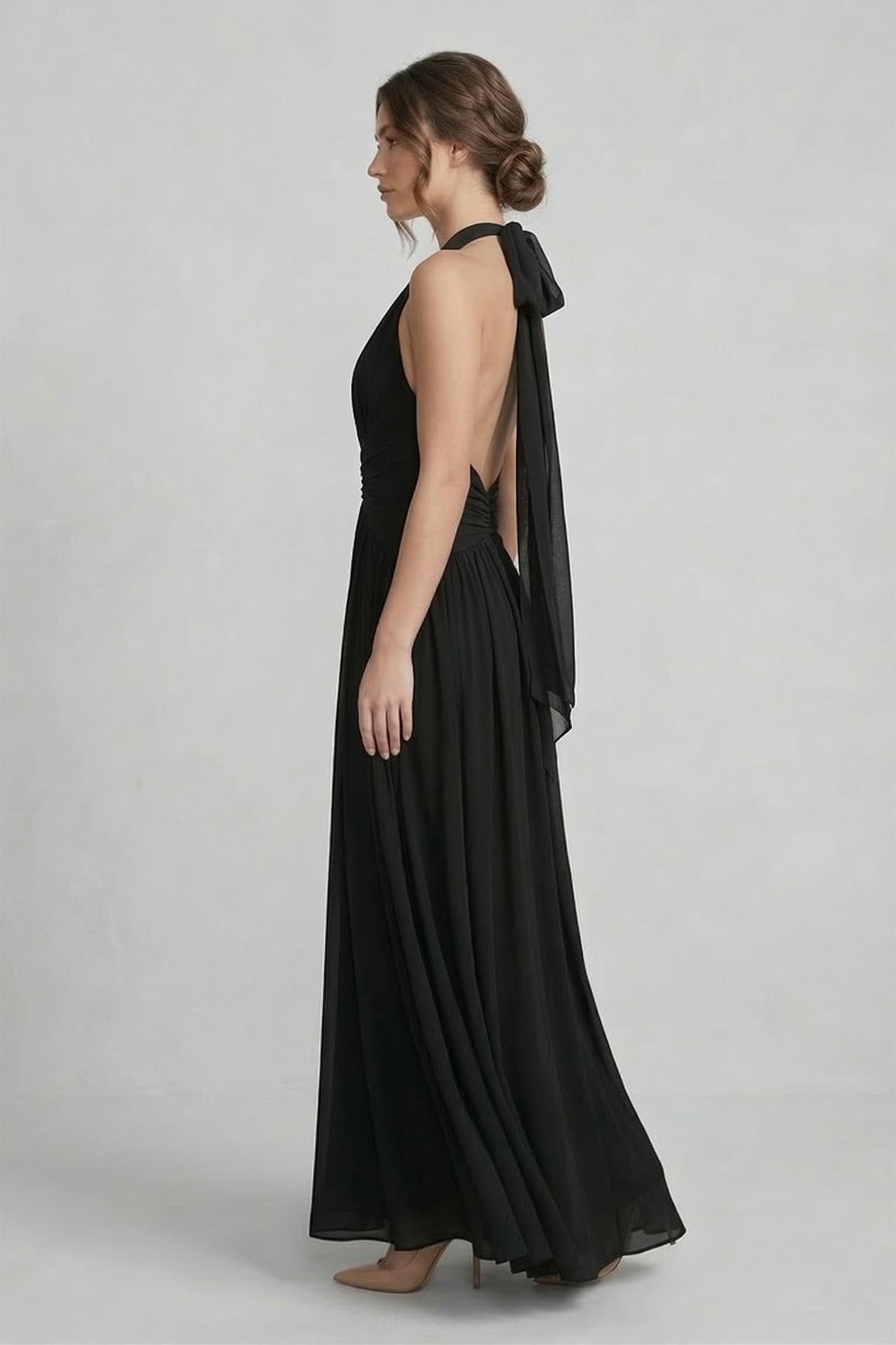 Black Halter V-Neck Chiffon Bridesmaid Maxi Dress – Floor Length Formal Gown
