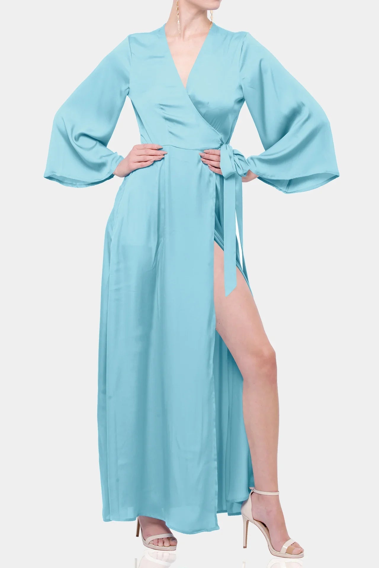 Aqua Blue Satin Wrap Maxi Dress with Slit – Long Sleeve Evening Dress