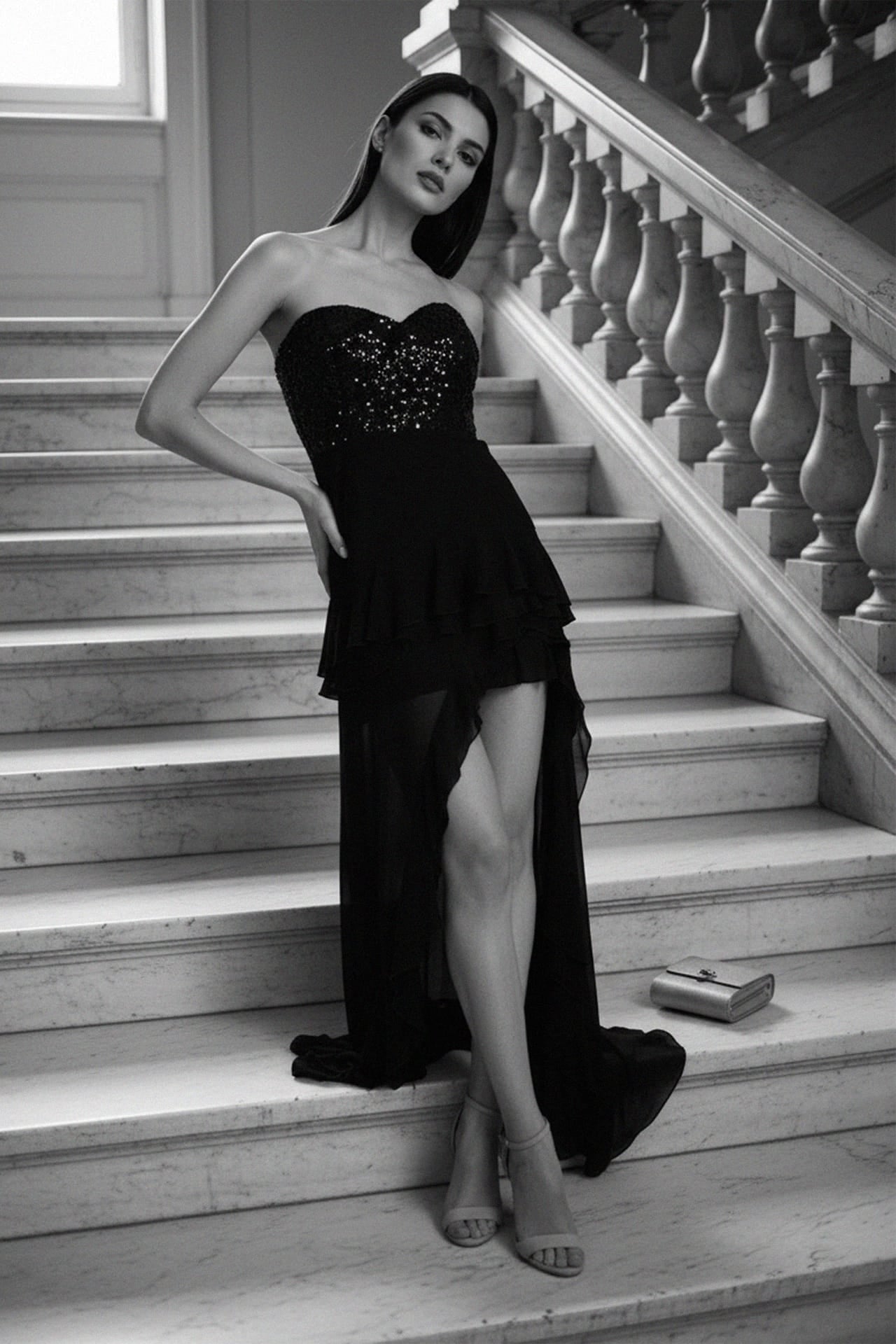 Black Sequin Hi-Low Asymmetric Backless Evening Dress