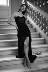 Black Sequin Hi-Low Asymmetric Backless Evening Dress
