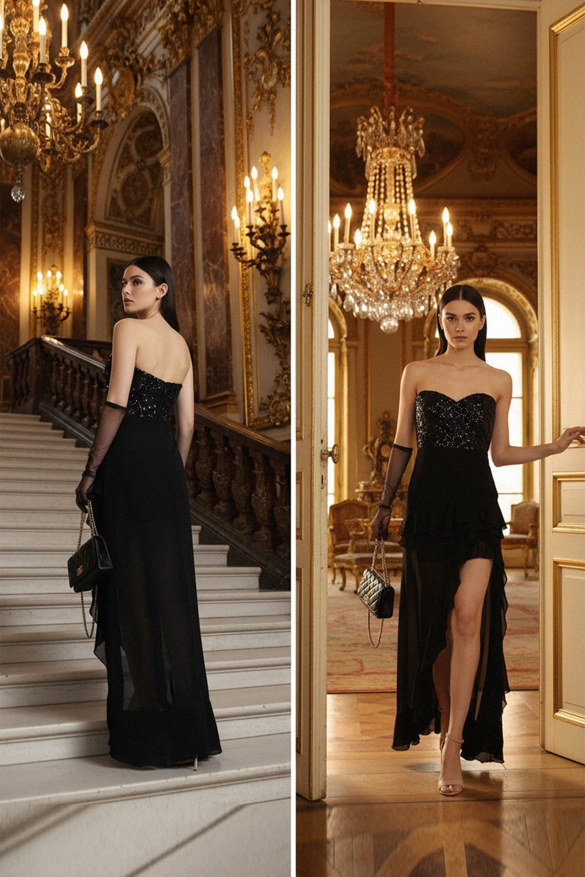 Black Sequin Hi-Low Asymmetric Backless Evening Dress