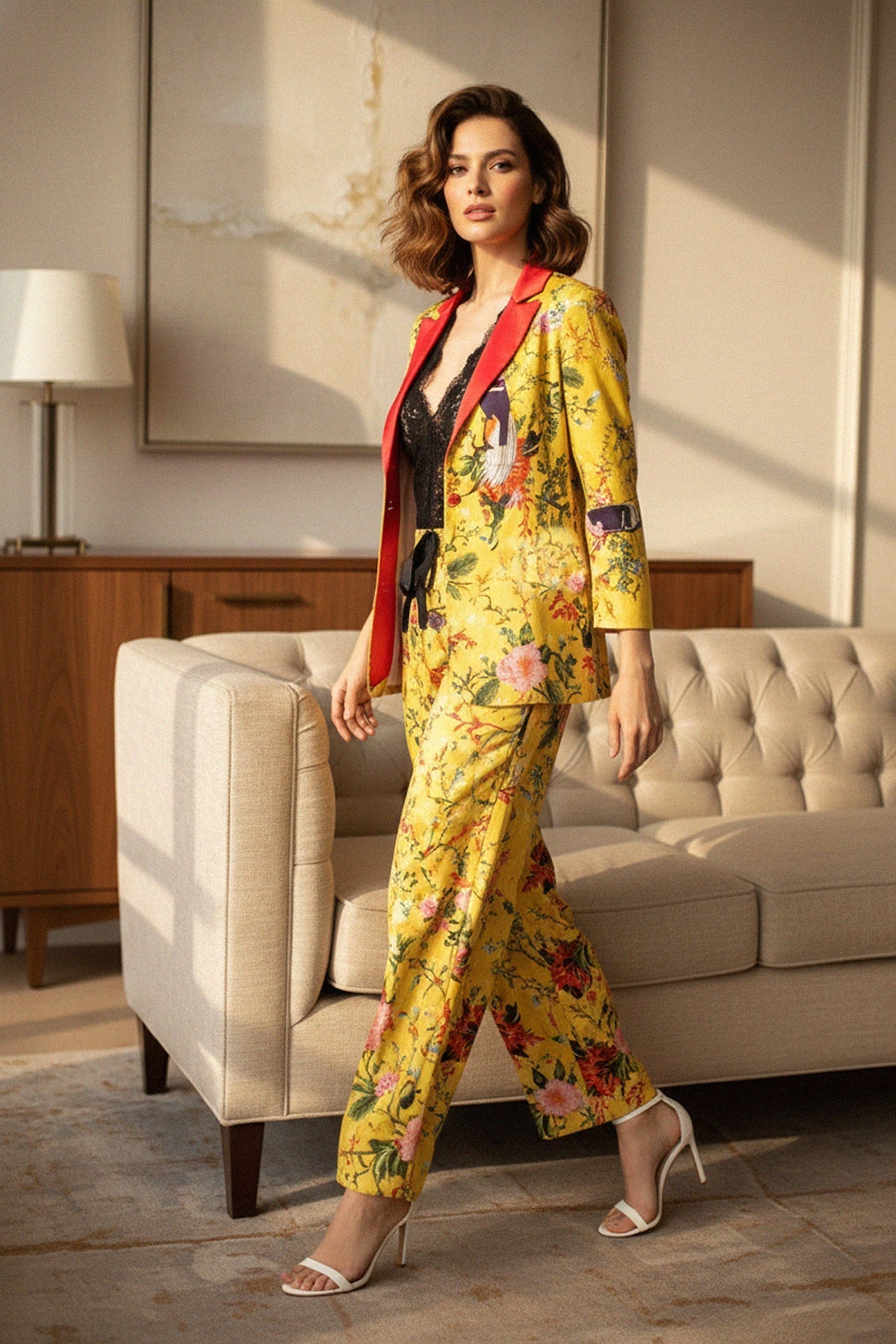 Bird Print Straight Leg Pants- Mellow Yellow