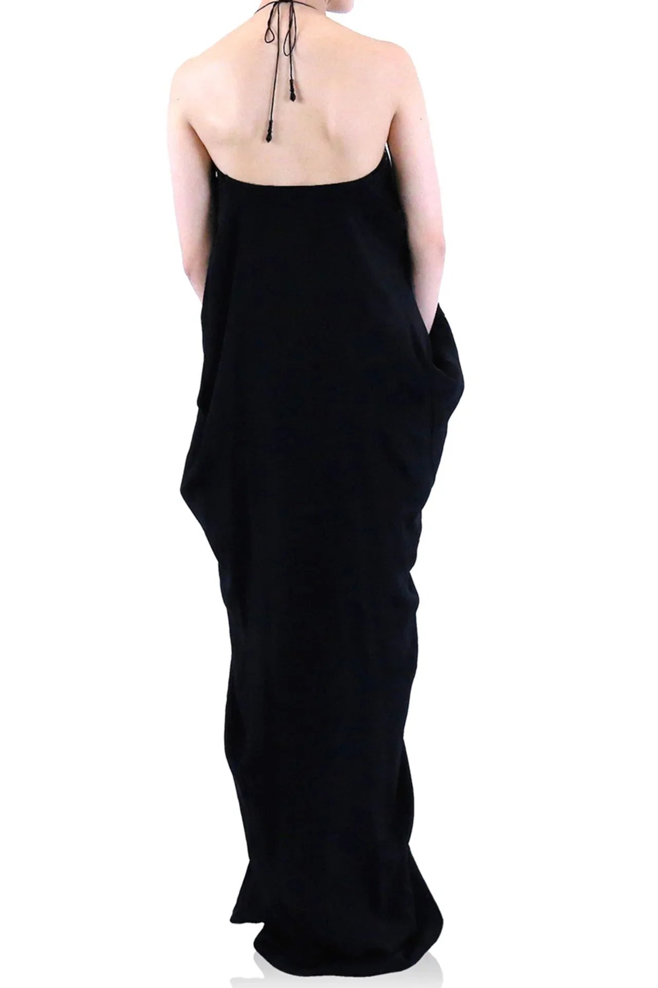 Black Lace-Up V-Neck Kaftan Maxi Dress