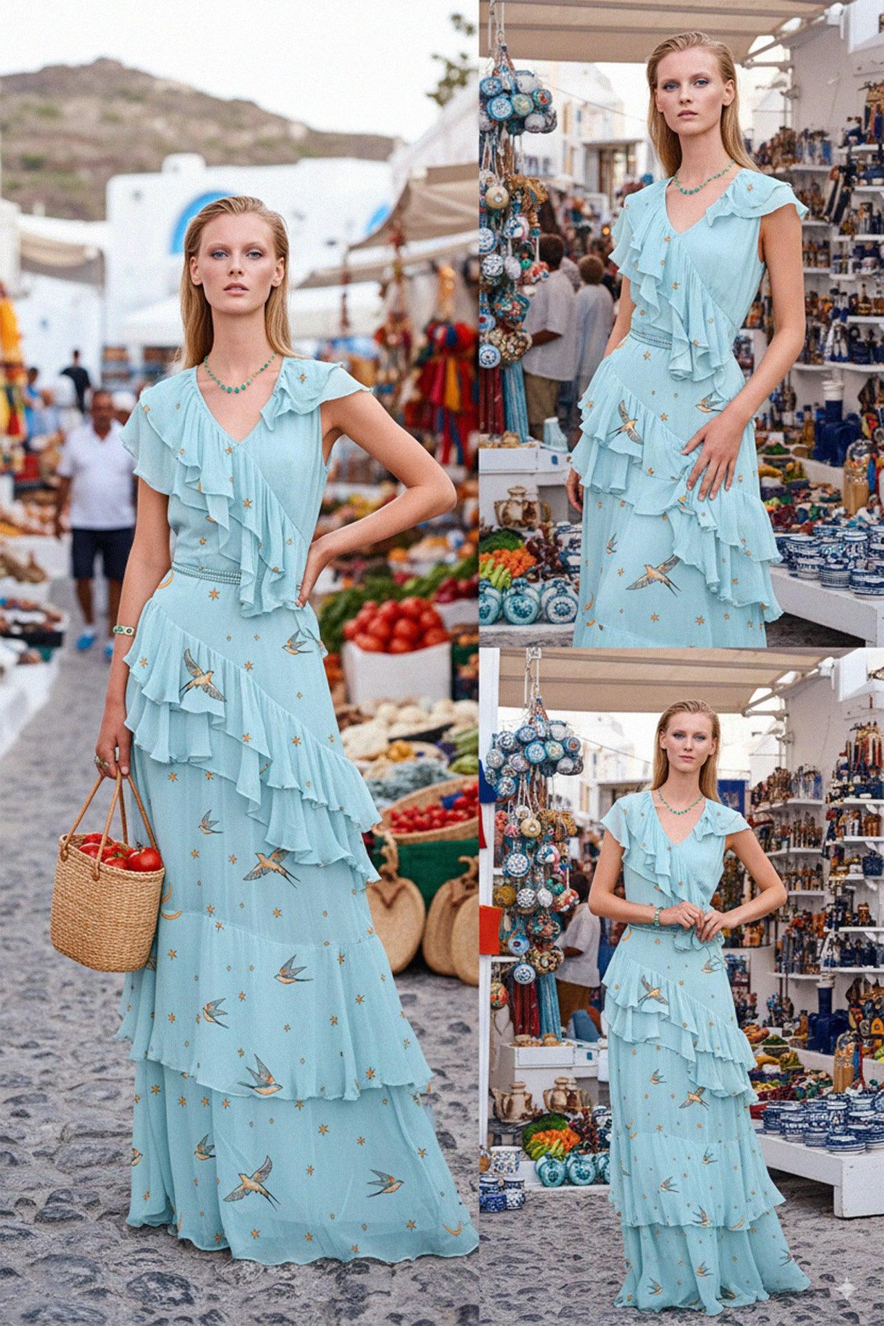 Blue Long Ruffle Dress