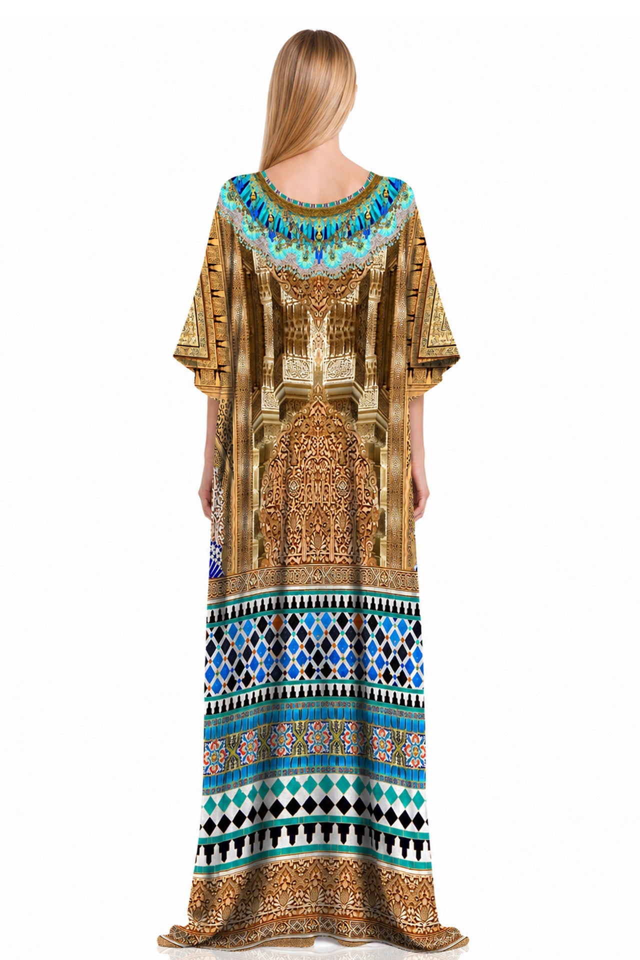 Blue & Gold Moroccan Palace Print Kaftan Maxi Dress