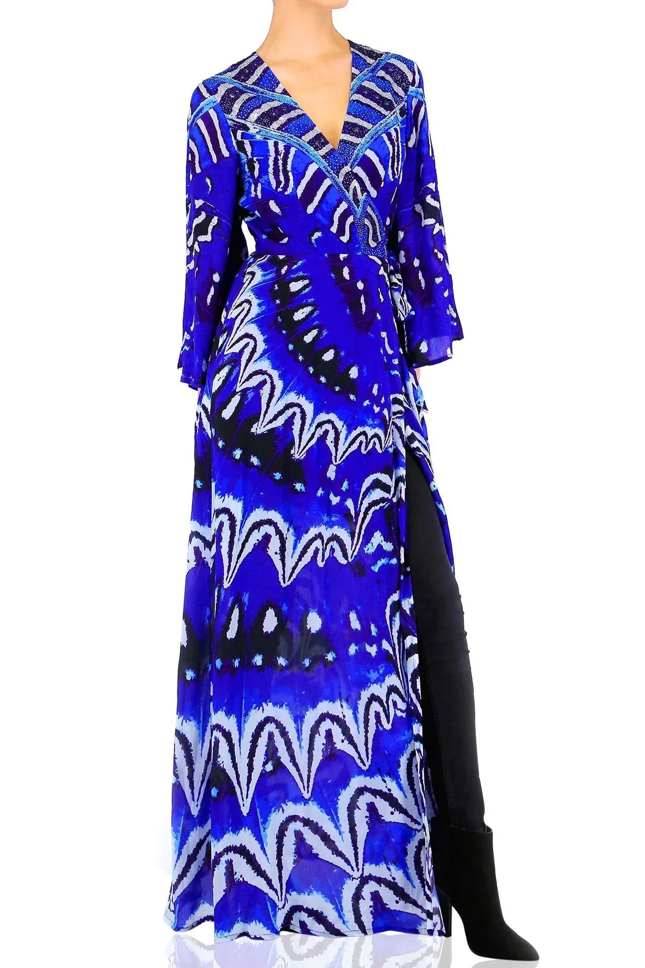 Blue Printed Wrap Maxi Dress with Long Sleeves