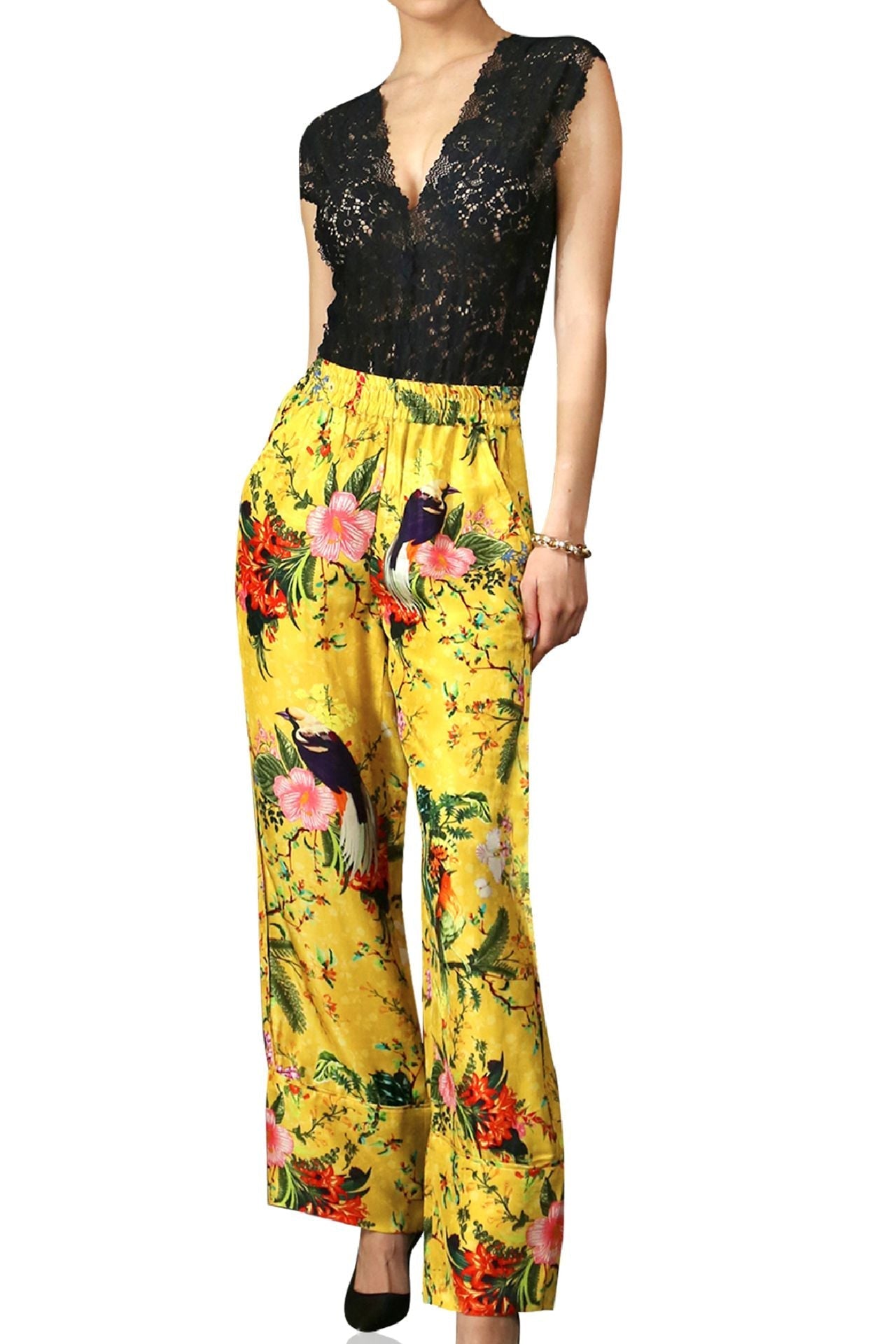 Bird Print Straight Leg Pants- Mellow Yellow