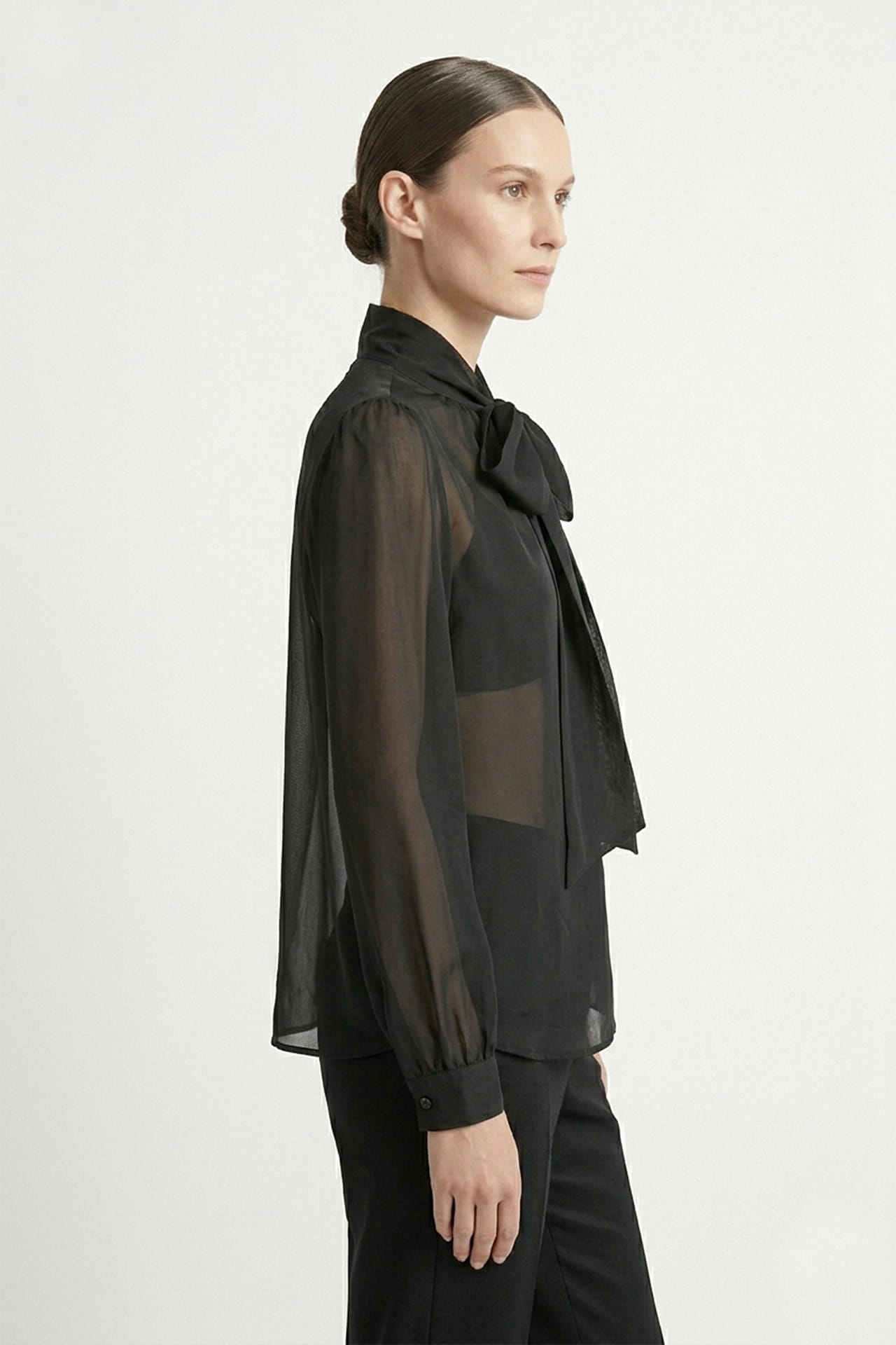 Black Sheer Organza Tie Neck Shirt