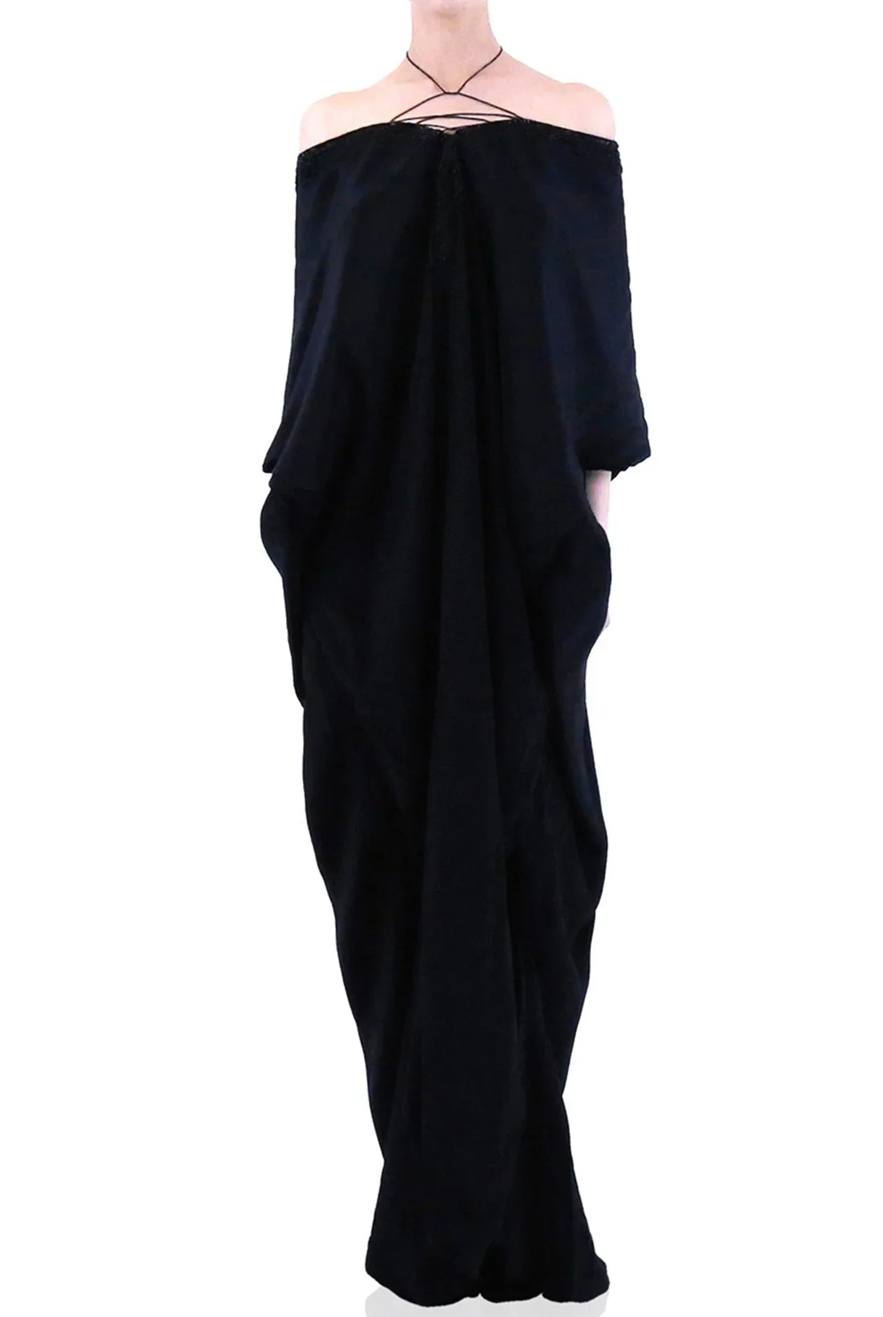 Black Lace-Up V-Neck Kaftan Maxi Dress
