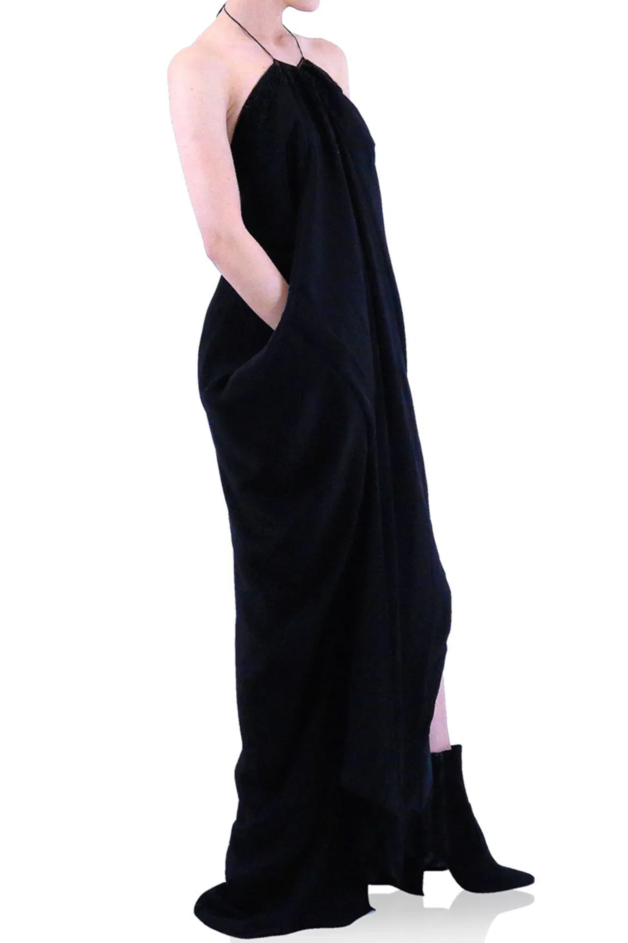 Black Lace-Up V-Neck Kaftan Maxi Dress