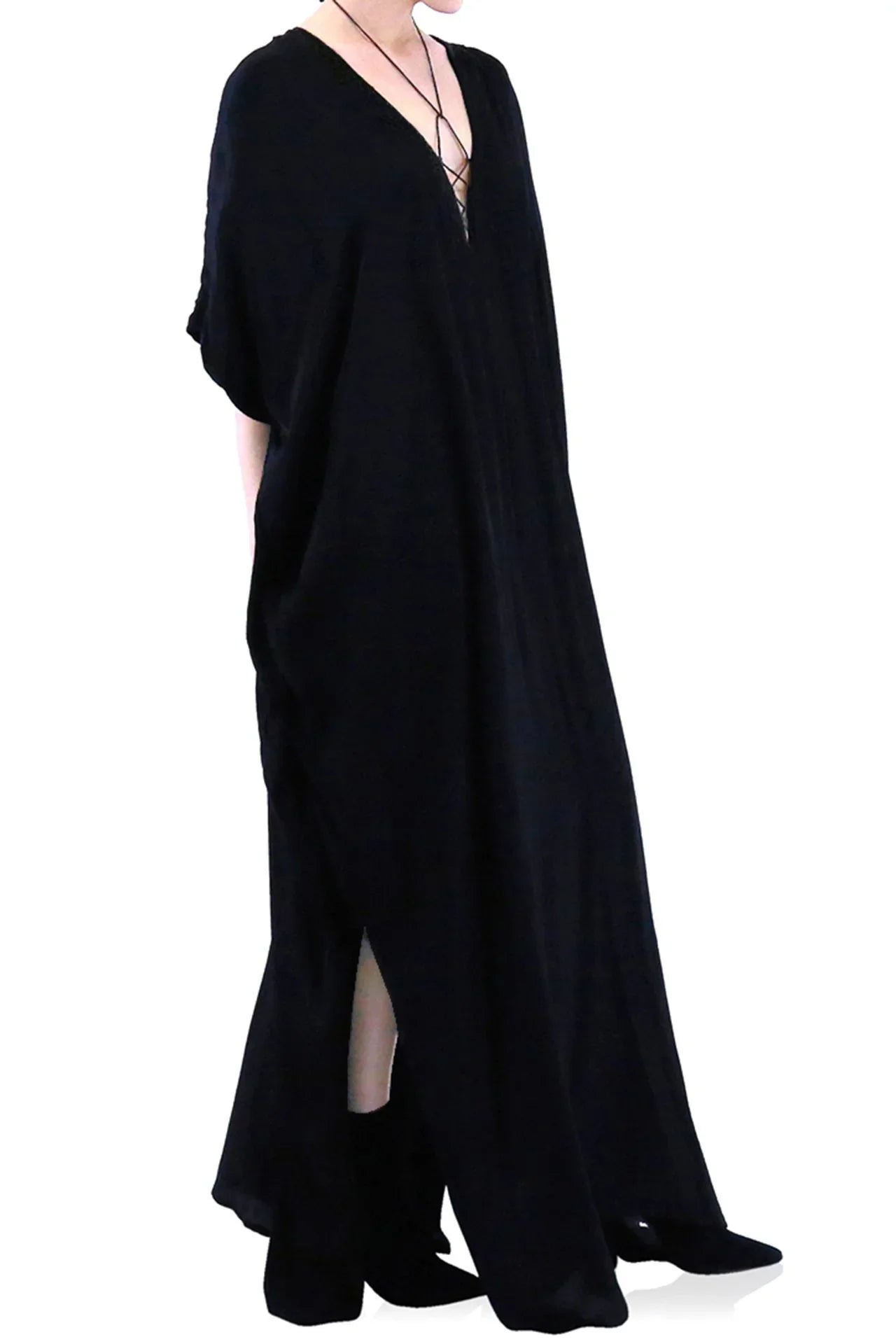 Black Lace-Up V-Neck Kaftan Maxi Dress