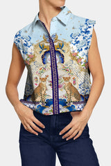 Blue Sleeveless Cute Print Shirts