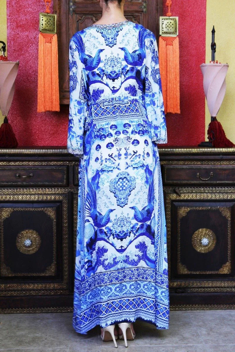 Blue Printed Wrap Maxi Dress with Long Sleeves