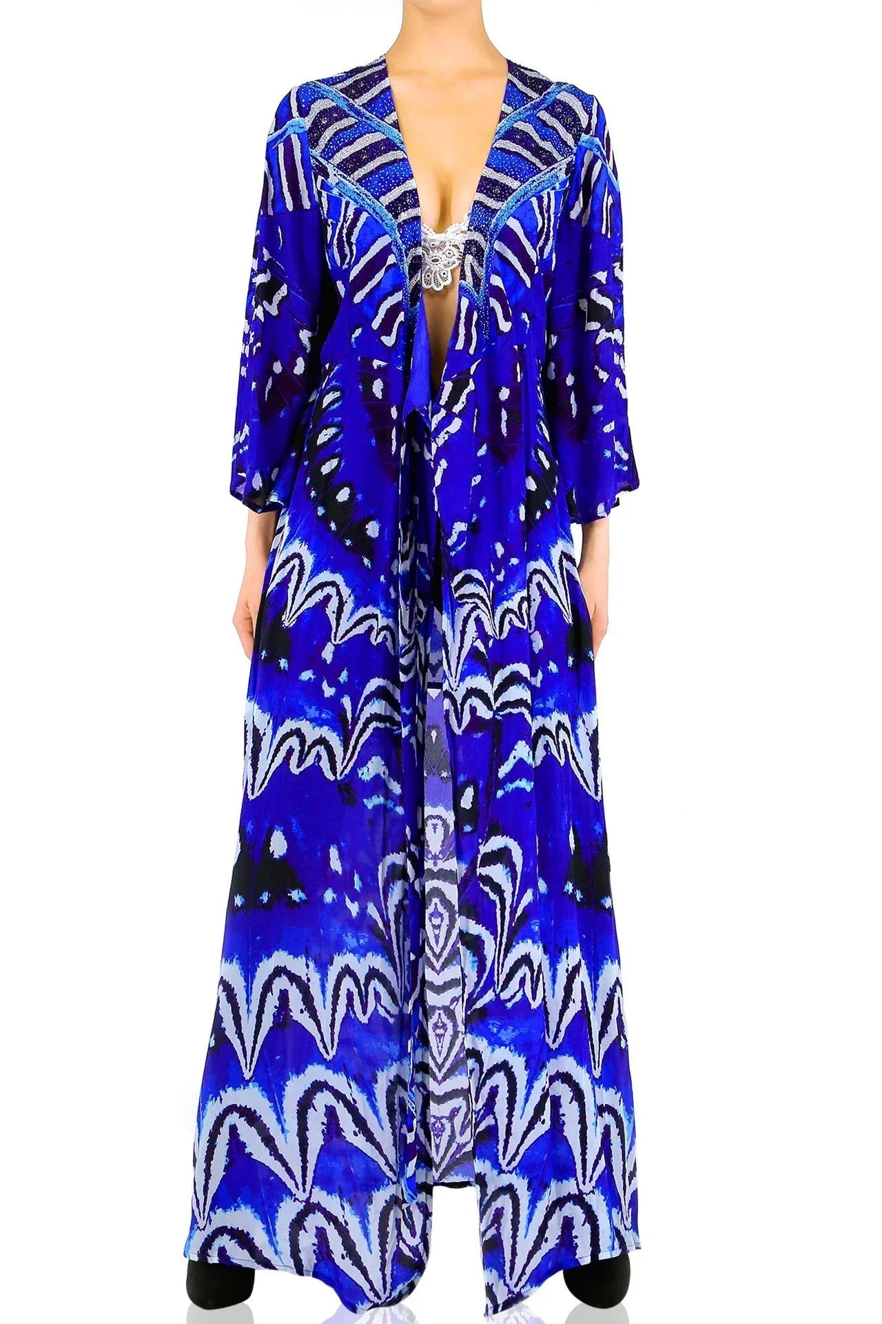 Blue Printed Wrap Maxi Dress with Long Sleeves